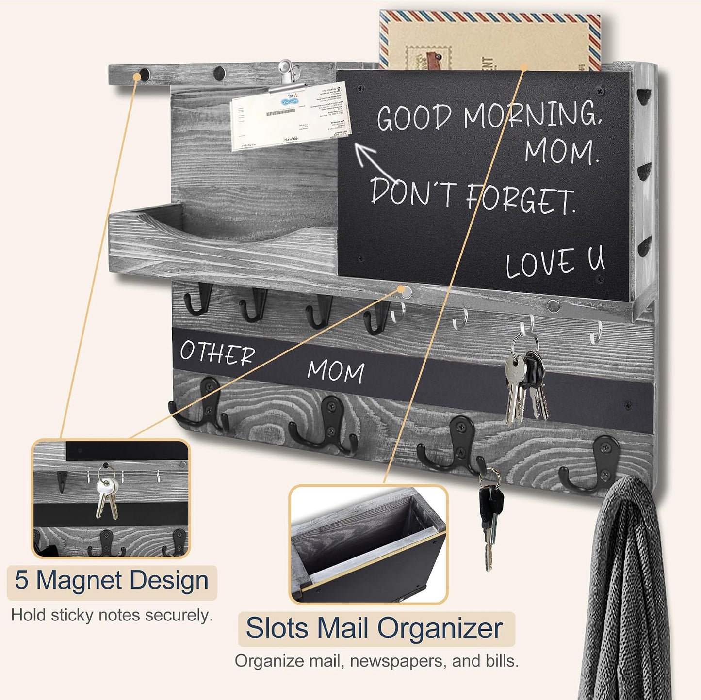 Key Holder for Wall Mount with Shelf and Mail Organizer, Key and Mail Holder with 16 Hooks, Farmhouse Entryway Organizer, Home Decor Rack (Pine Wood, Black)