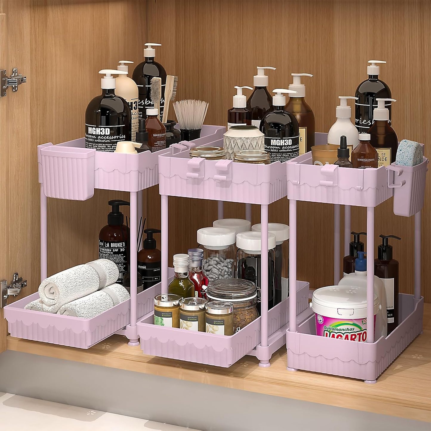 Sevenblue 3-Pack 2-Tier Under Sink Organizers with Sliding Drawers | Multi-use kitchen & bathroom storage, 12.8 inch black cabinet organizer, space-saving sliding drawer design.