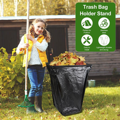 Trash Bag Holder Stand, Outdoor Garden Garbage Bag Holder Holds 30-45 Gallon Bags, Metal Leaf Bag Holder Stand with 4 Fixing Clips and 2 Garbage Bags, For Outdoor Yard Camping Garden Lawn