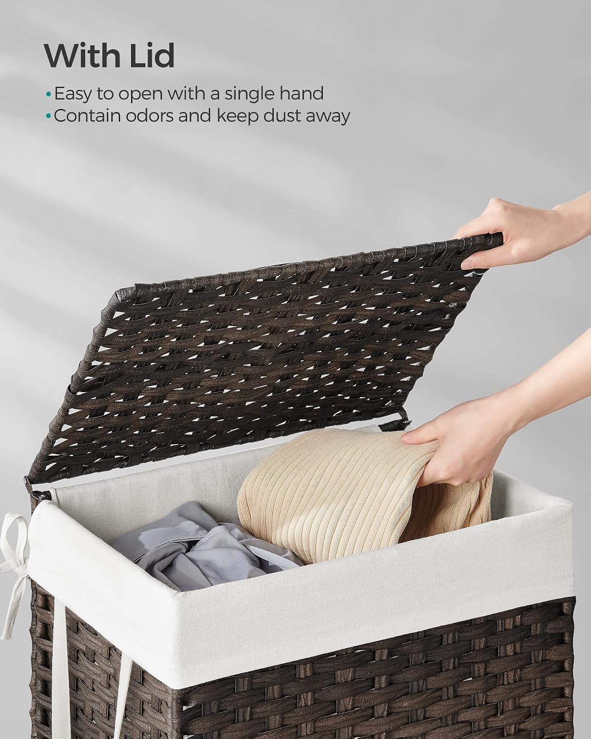SONGMICS Laundry Hamper with Lid, 23.8 Gallon (90 L) Synthetic Rattan Clothes Laundry Basket with Lid and Handles, Foldable, Removable Liner, Chestnut Brown ULCB051K02