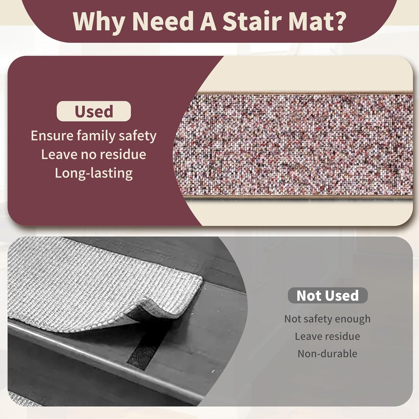 Non-Slip Carpet Stair Treads 15PCS, 8"x30" Peel and Stick Stair Runner for Wooden Steps Indoor, Washable Reusable Adhesive Backing, Pet-Friendly Safety Mats for Kids, Elders, Dogs