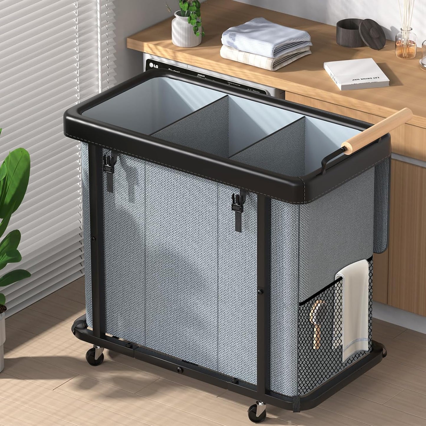 Rolling Laundry Hamper with Wheels, Laundry Hamper 3 Section with Lid, Laundry Basket with Rolling Lockable Wheels and Handle, Laundry Basket Organizer for Laundry Room, Bedroom 230L Black