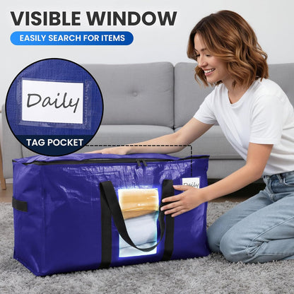 TAILI Extra Large Moving Bags, 4 Pack Blue Heavy Duty Totes For Storage with Visible Window, Wrap Around Handles, Storage Bags for Space Saving, Alternative to Moving Boxes