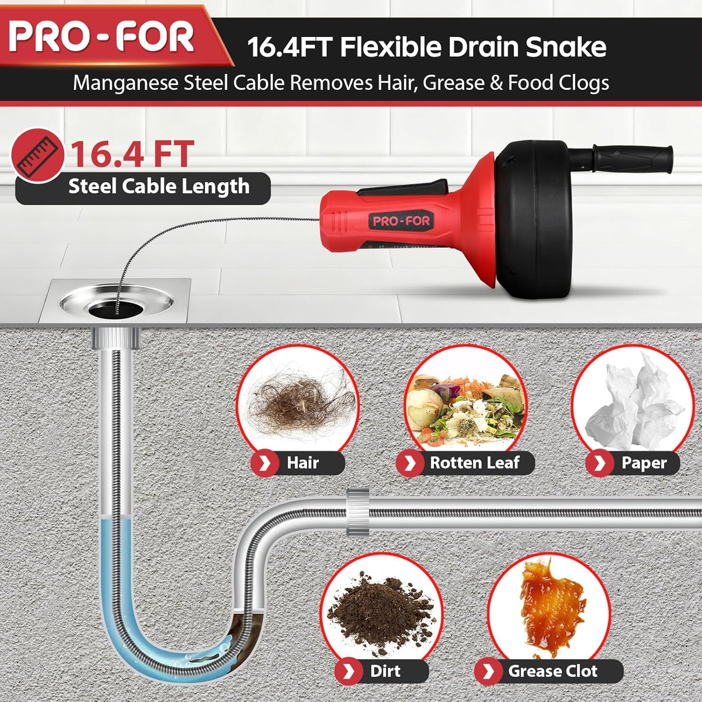 Drain Auger, 16.4FT Plumbing Snake Drain Clog Remover, Manual & Drill Powered Drain Snake for 0.75–2 Inch Pipes, Sink, Shower, Bathtub, Toilet, Kitchen Drain Cleaner Tool with Steel Cable