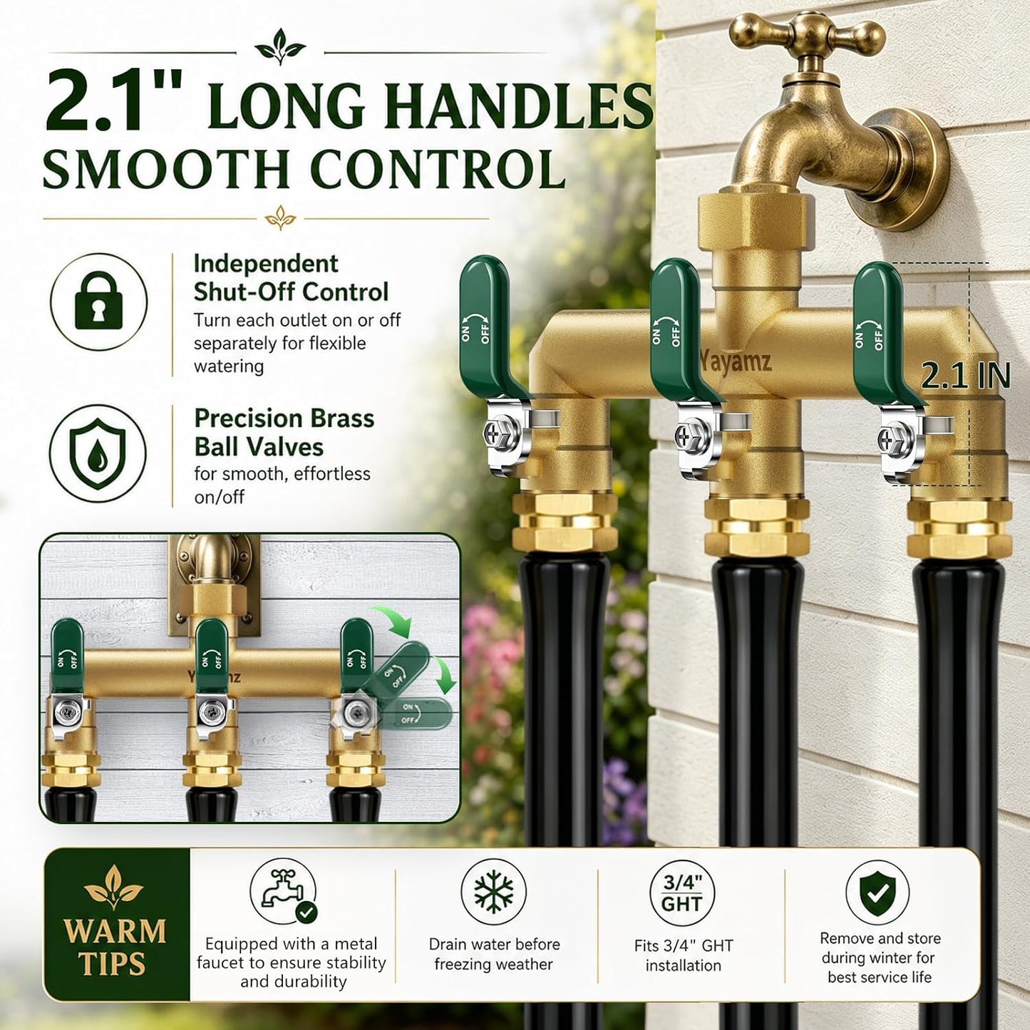 Garden Hose Splitter 3-Way, Heavy Duty Brass Hose Splitter | Outdoor Water Spigot Splitter, Full Flow, Long Handles, Shut-off Valves, Wide Spacing Fit Large Timer