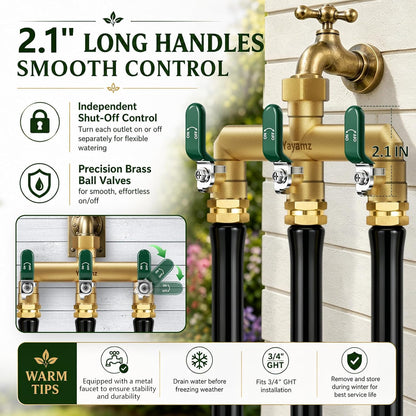 Garden Hose Splitter 3-Way, Heavy Duty Brass Hose Splitter | Outdoor Water Spigot Splitter, Full Flow, Long Handles, Shut-off Valves, Wide Spacing Fit Large Timer