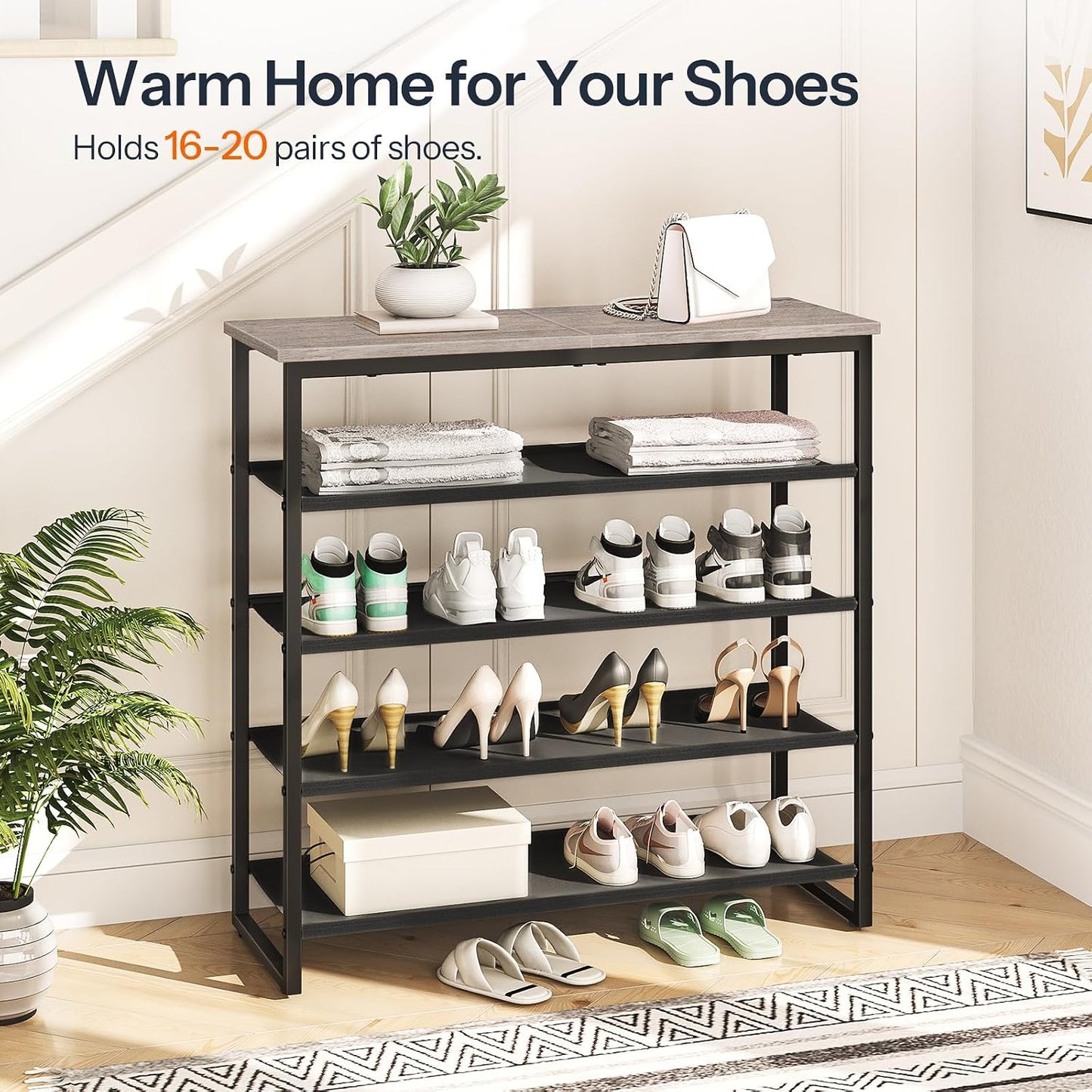 HOOBRO Shoe Rack, 4 Tier Shoe Storage Organizer with 3 Oxford Fabric Shelves and Top Panel, Holds 12-16 Pairs of Shoes for Entryway and Closet, Industrial, Rustic Brown BF47XJ01G1