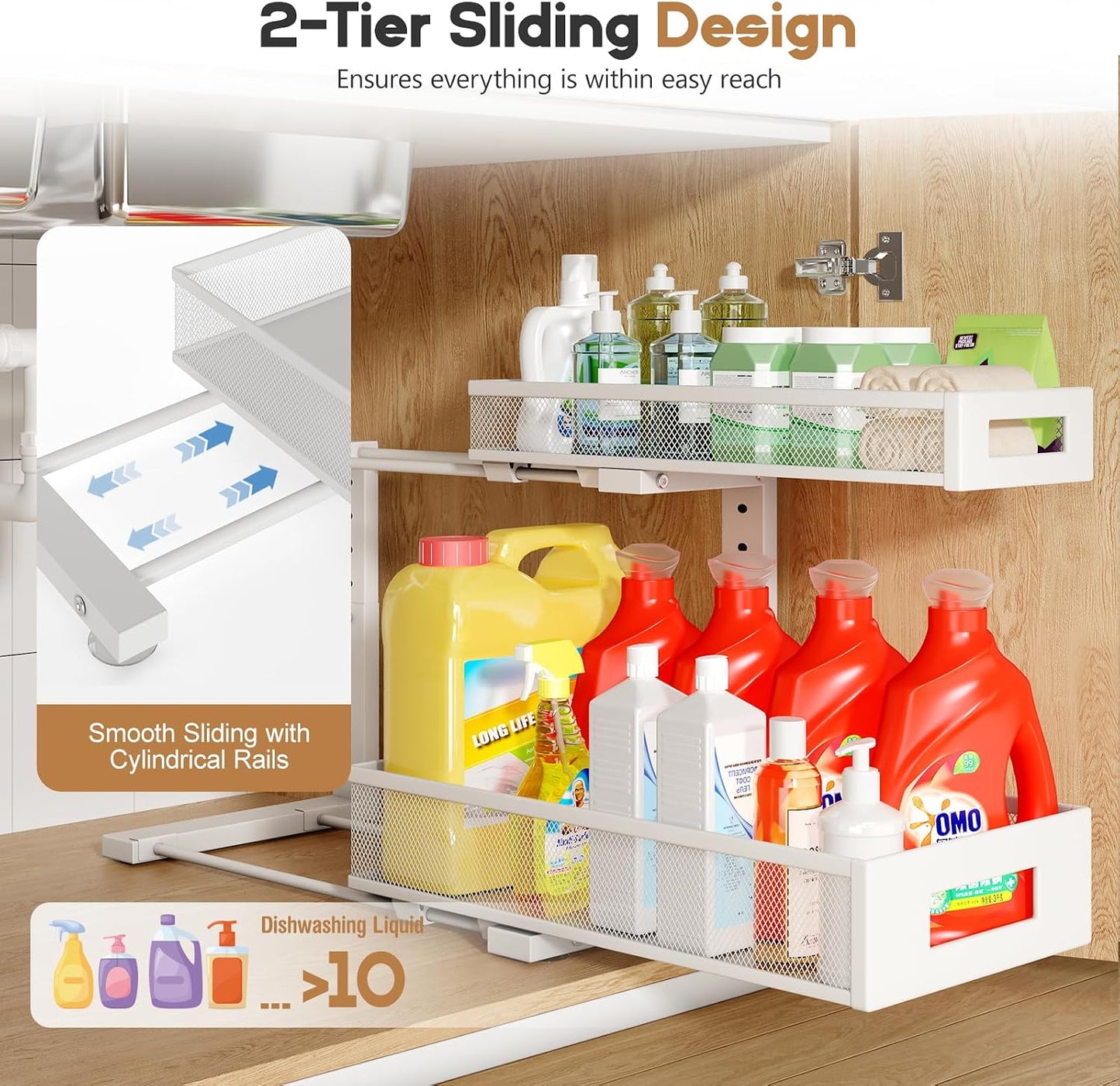 2-Pack Under Sink Storage Organizer, Large 2-Tier Elegant Mesh Pull Out Shelf for Kitchen and Bathroom Cabinet Organization, L-Shaped and Adjustable Height Design,Patent Pending-Black