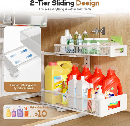 2-Pack Under Sink Storage Organizer, Large 2-Tier Elegant Mesh Pull Out Shelf for Kitchen and Bathroom Cabinet Organization, L-Shaped and Adjustable Height Design,Patent Pending-Black