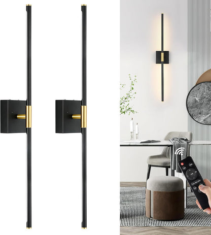 Morauroral Battery Operated Wall Sconces Set of 2, 10000mAh Rechargeable Sconces, 3000K-6000K Dimmable LED Wall Lamp with Remote, 24 Inch Black Gold Wireless Wall Lights for Bedroom, Living Room