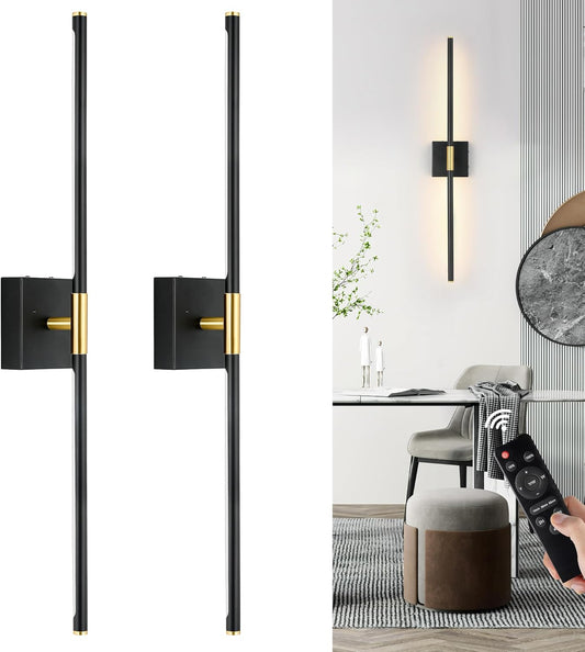 Morauroral Battery Operated Wall Sconces Set of 2, 10000mAh Rechargeable Sconces, 3000K-6000K Dimmable LED Wall Lamp with Remote, 24 Inch Black Gold Wireless Wall Lights for Bedroom, Living Room
