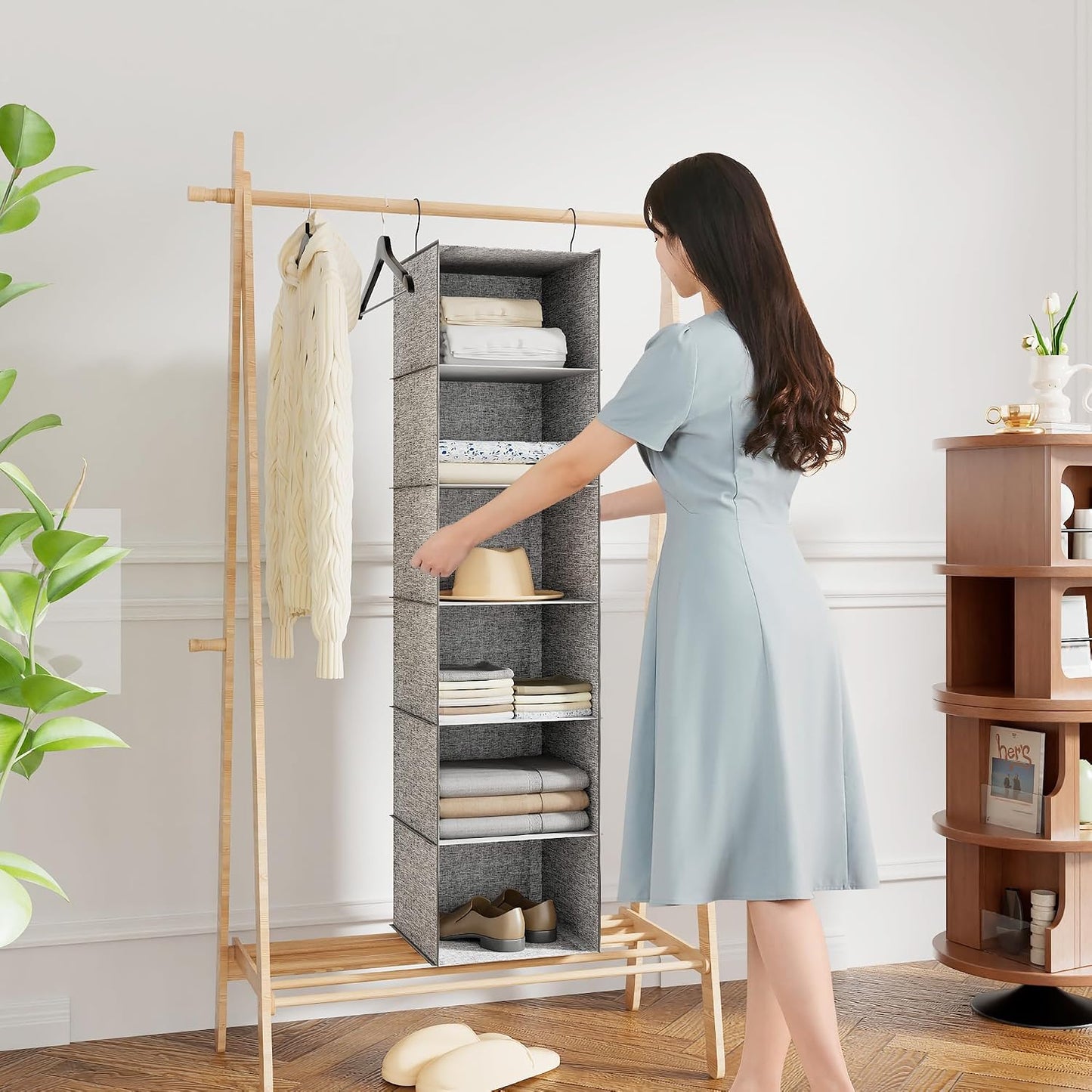 Hanging Closet Organizer 3-Shelf, Oxford Fabric Wardrobe Storage, Gray | Easy-mount foldable design holds clothes, handbags, shoes & accessories; washable Oxford fabric, sturdy and space-saving.