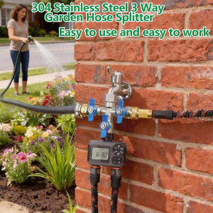 304 Stainless Steel Garden Hose Splitter 2 Way Heavy Duty, Full Flow Hose Y Splitter with Long Handle,Lead-free Y Valve Water Garden Hose Adapter,3/4" GHT Threads