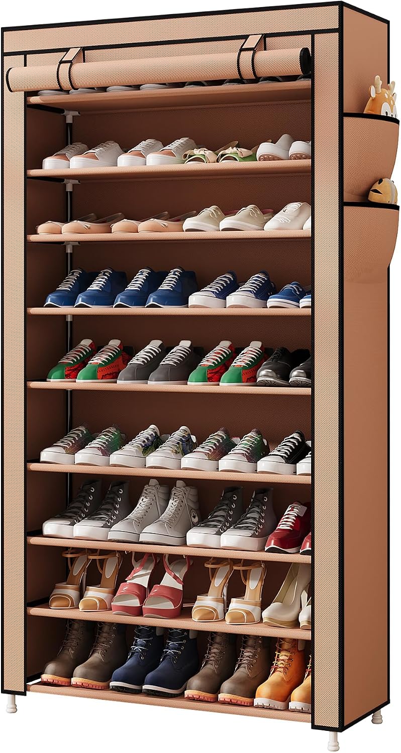 Laiensia 9-Tier Vertical Shoe Rack Organizer, Space Saving Shoe Storage Organizer, Non-Woven Cover Shoe Shelf Holds 36-45 Pairs for Bedroom, Hallway, Closet Entryway, Black