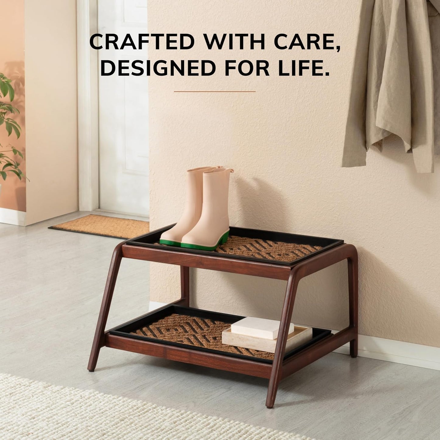 Anji Mountain Heavy Duty Waterproof Wooden Shoe Storage Mat Organizer/Boot Storage Tray Multi Use for Entryway with Coir, Gray and Ivory Insert, 1 Tier, Fits 2 Pair (26.5" Wide)