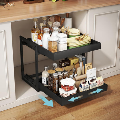 Golener 2-Tier Expandable Pull Out Cabinet Organizer - Slide Out Drawers for Kitchen Cabinets, Bathroom Organizers and Storage, Under Sink Organizer for Kitchen Storage Organization, White Metal Frame