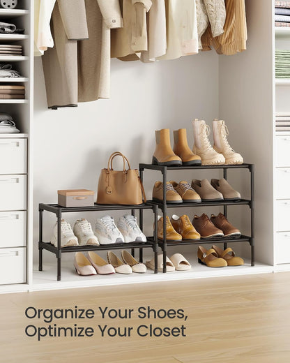 SONGMICS 2-Tier Shoe Rack for Closet, Compact Metal Shoe Organizer Shelf for Entryway, Bedroom, Small Spaces, Stackable, 11.8 x 24.5 x 12.2 Inches, Black ULSA122BH01