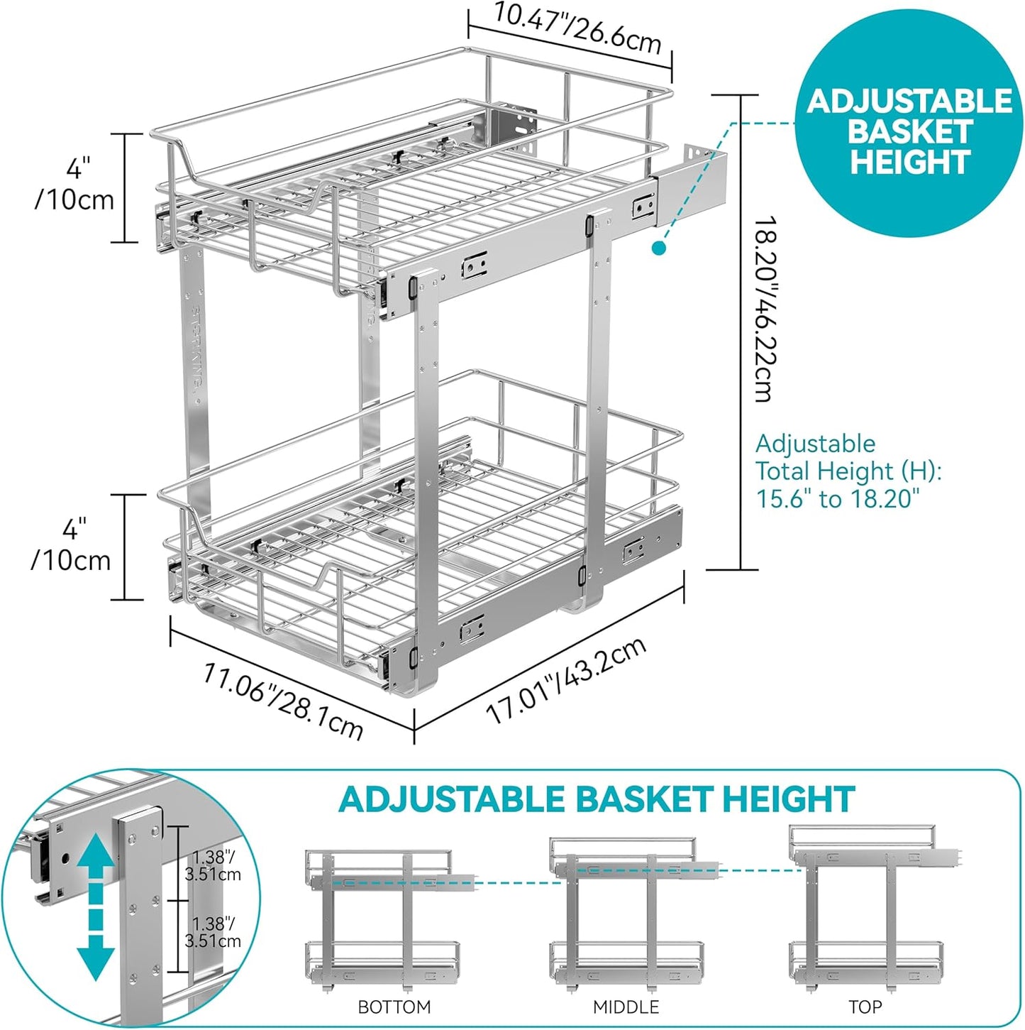 2 Tier Pull Out Cabinet Organizer 11" W X 22" D, Slide Out Drawers For Kitchen Cabinets, Pull Out Drawers For Cabinets Capacity Heavy Duty Caddy, Cabinet Pullout Shelves Chrome-Plated, Bathroom Pantry