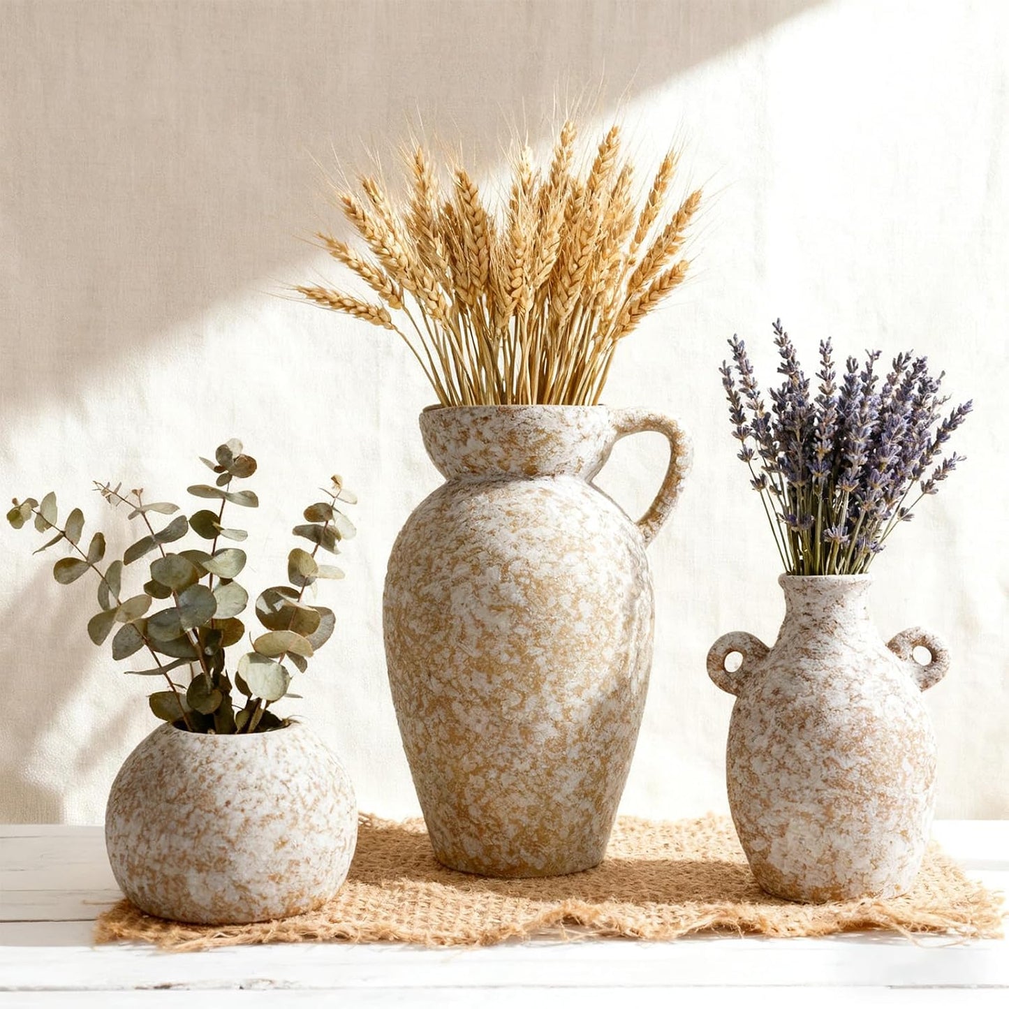Modern Rustic Farmhouse Ceramic Vase Set of 3, Handmade Speckled Pottery Vases for Table Decor, Small Decorative Vase Centerpiece for Living Room, Mantel & Shelf Styling