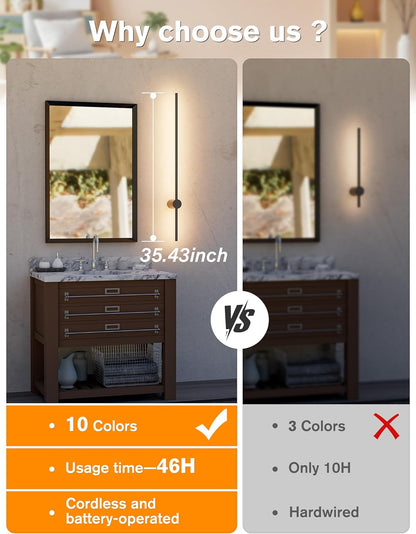 JOFIOS Battery Operated Wall Sconces Set of 2, 360°Rotation Wireless Rechargeable Wall Lights: Dimmable Detachable Wall Lamp with Remote Control, 3000K-6000K Infinite Dimming Wall Sconce 27.6 Inch
