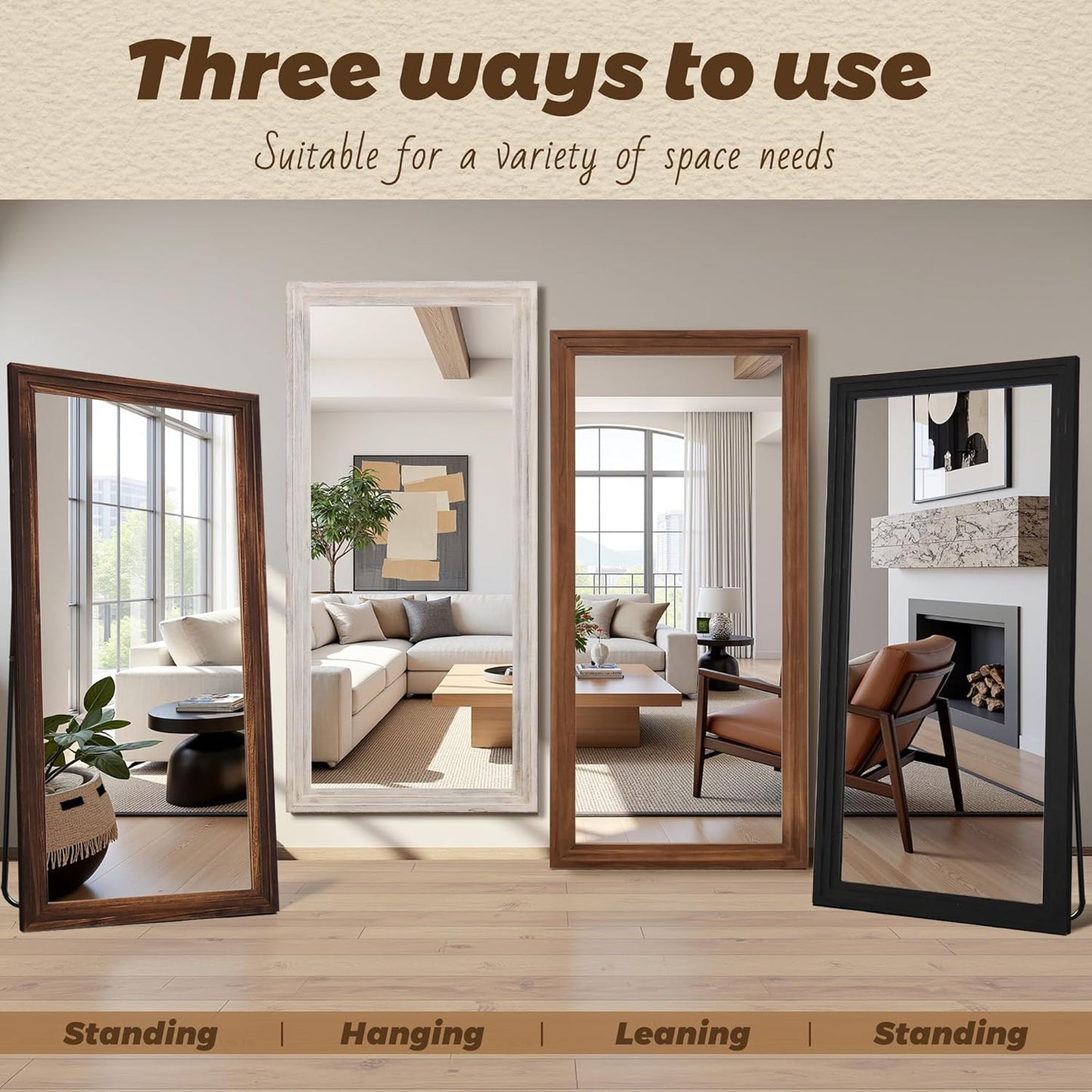 Antok Full Length Mirror with Solid Wood Frame, 71"×32" Wall Mounted Oversized Floor Mirror with Stand, Leaning Standing Hanging for Bedroom Living Room Entryway, Walnut, Arched Syle