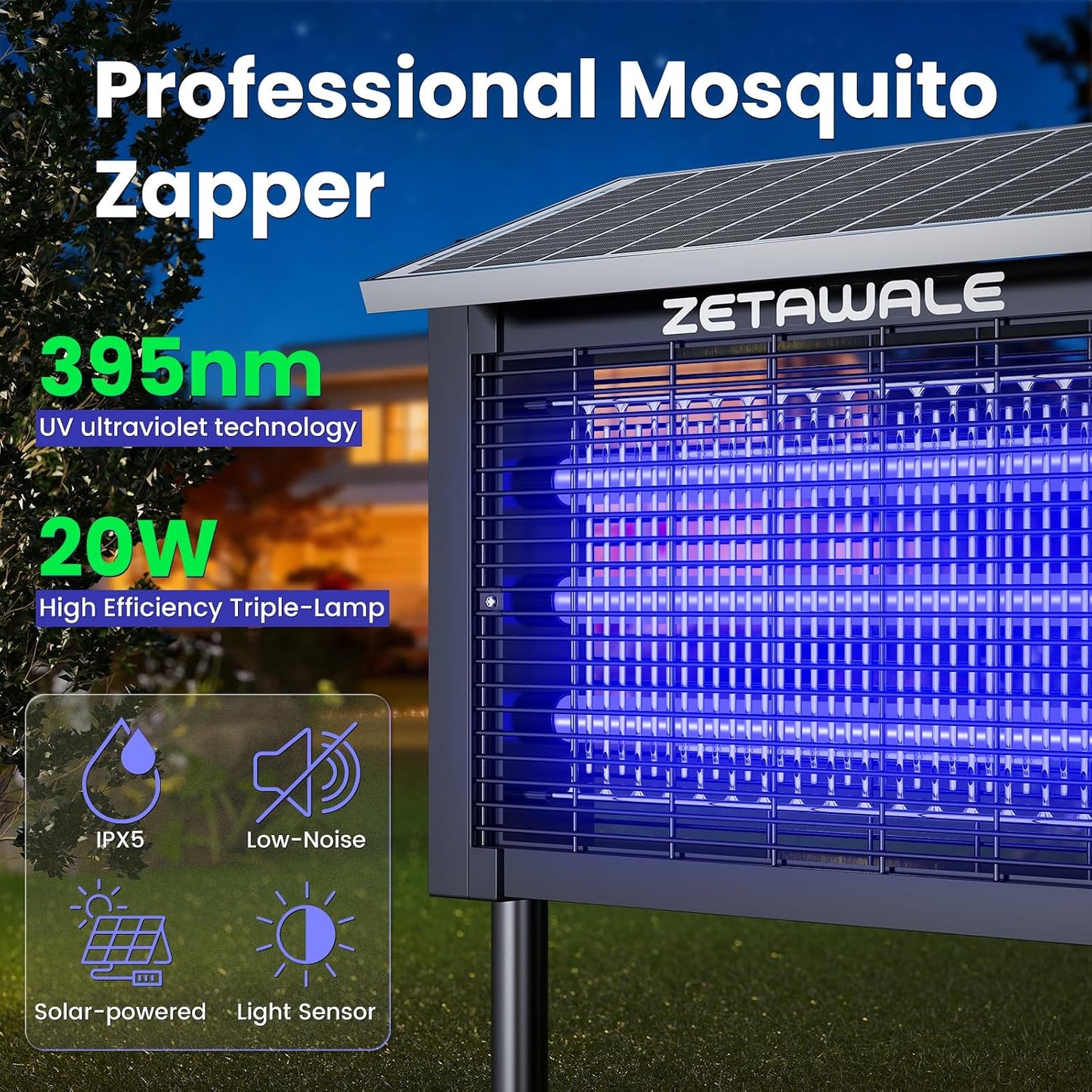 Solar Powered Bug Zapper Outdoor, 4500V Mosquito Trap with 10W Solar Panel, Fly Trap & Mosquito Killer, 10FT Extension Cord, IPX5 Waterproof, 2100 Sq.Ft Coverage for Patio, Backyard, Garden