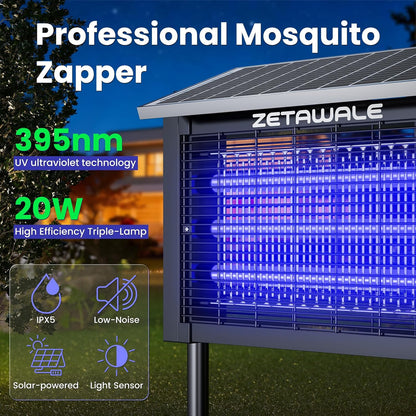 Solar Powered Bug Zapper Outdoor, 4500V Mosquito Trap with 10W Solar Panel, Fly Trap & Mosquito Killer, 10FT Extension Cord, IPX5 Waterproof, 2100 Sq.Ft Coverage for Patio, Backyard, Garden