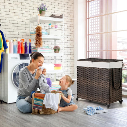 GOFLAME Laundry Hamper with Lid and Wheels, 125L Hand Woven Rattan Laundry Basket with 3 Divided Sections, Handles, 2 Removable and Washable Liner Bags, Dirty Clothes Hamper for Bedroom (Natural)
