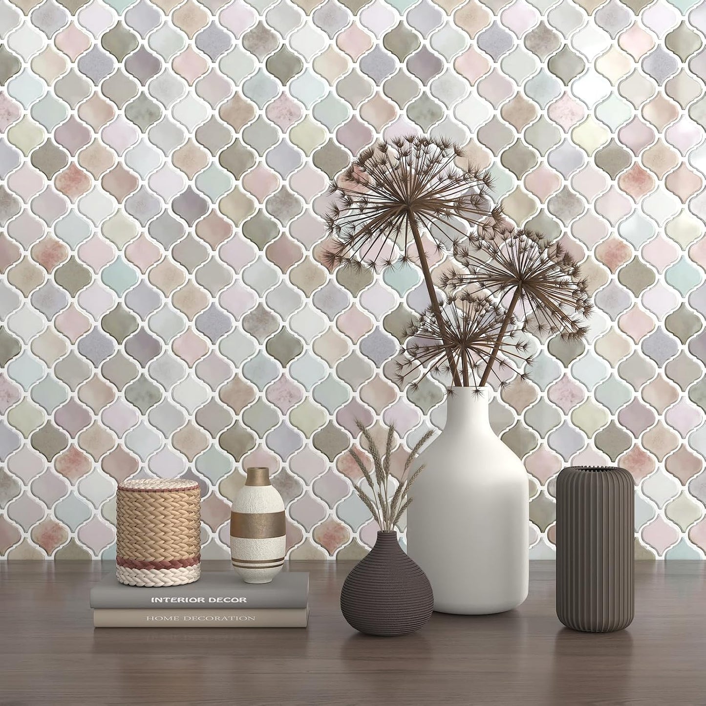 CHIHUT Arabesque Peel and Stick Backsplash 12''x12'' Waterproof Oil Proof Blush Pink Lavender Mottled Marble Self Adhesive Wall Tiles Removable Glossy Stick on Backsplash for Kitchen Bathroom 6 Sheets
