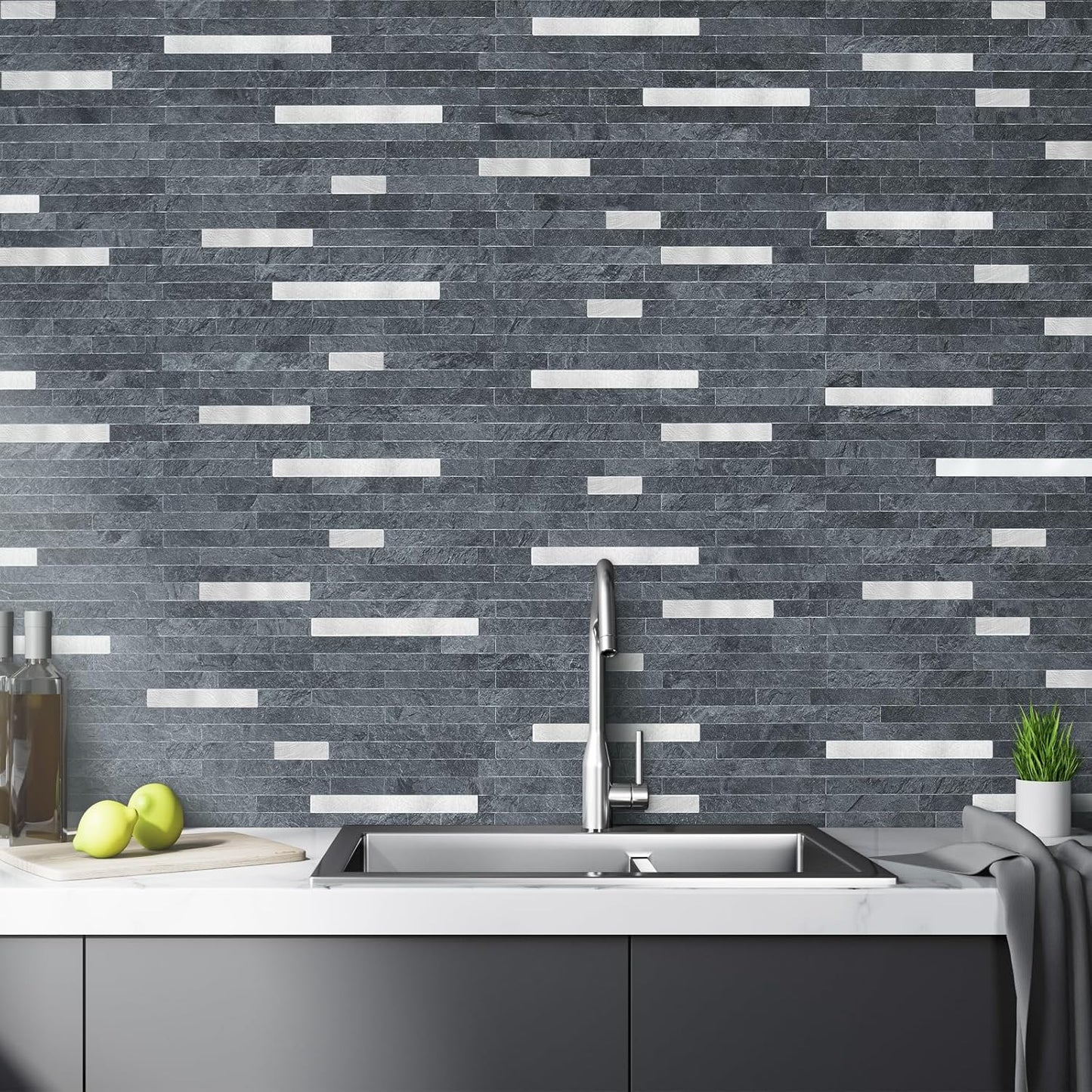 AULIGET 20 Sheets Peel and Stick Backsplash, Black & Grey Wood Look PVC Mixed Metal Stick on Backsplash Tiles for Kitchen