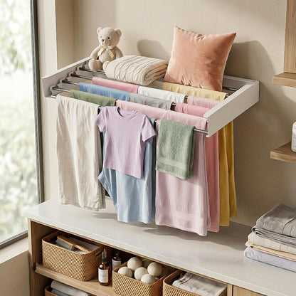 Wall Mounted Clothes Drying Rack Collapsible, Pure Stainless Steel Folding Laundry Drying Rack for Indoor Outdoor Use, Heavy Duty Wall Mounted Clothes Rack White