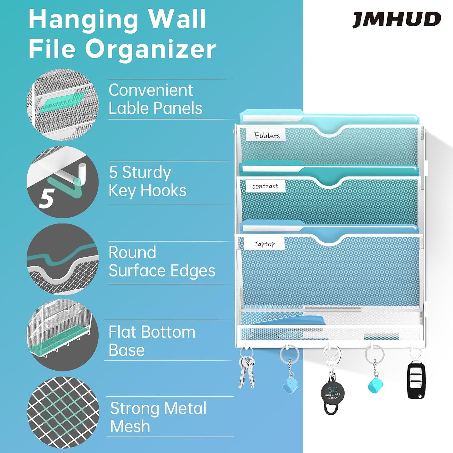 5 Tier Wall File Organizer - Hanging File Organizer with 5 Hooks, Mail Holder Wall Mounted for Papers, Folders, Magazines, Bills, Office&School Organization, Black