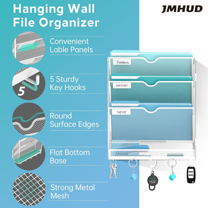5 Tier Wall File Organizer - Hanging File Organizer with 5 Hooks, Mail Holder Wall Mounted for Papers, Folders, Magazines, Bills, Office&School Organization, Black