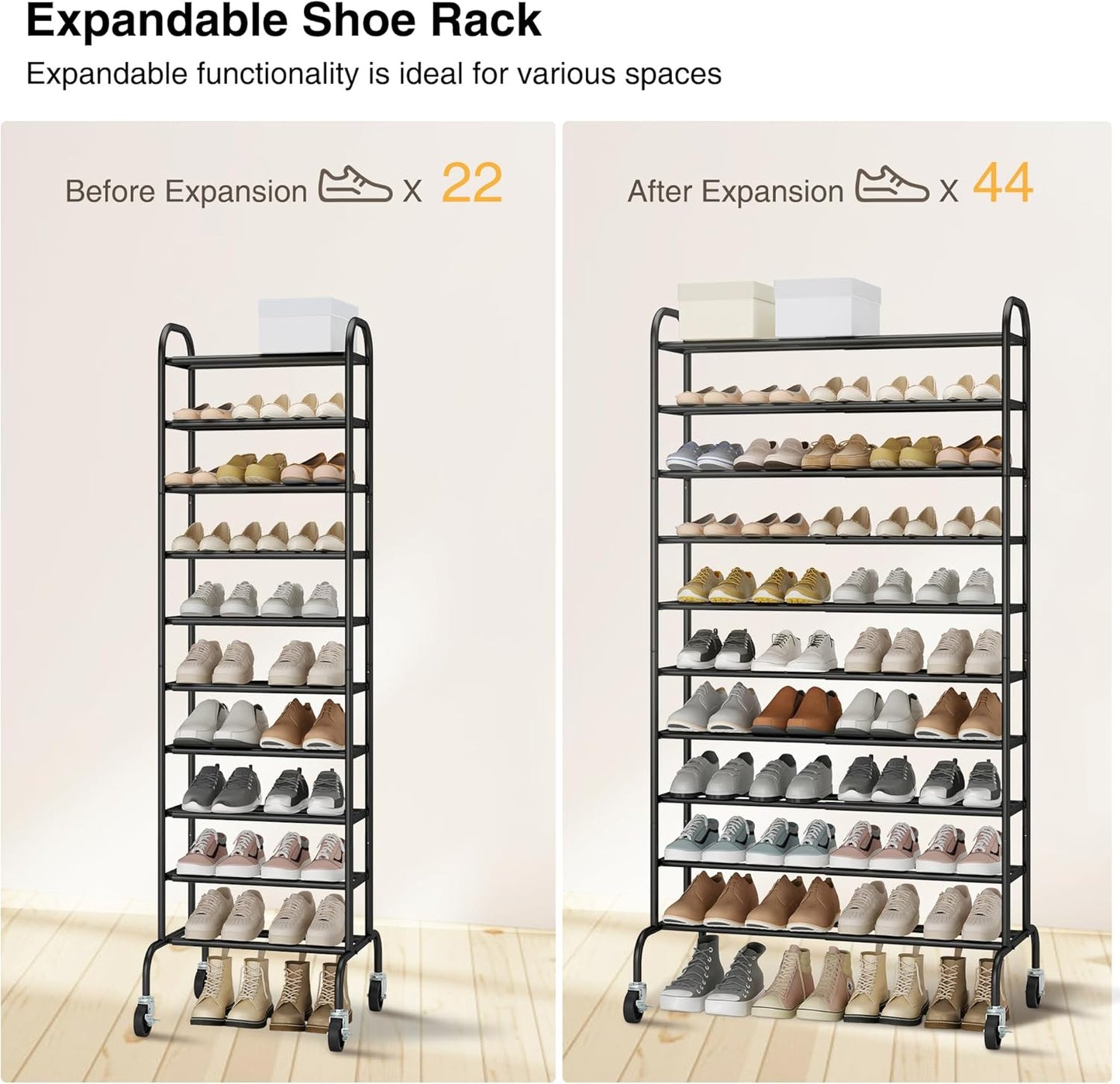 STO STO Expandable Shoe Rack, 3-Tier Metal Small Shoe Rack for Closet, Up to 16 Pairs Adjustable Shoes Racks Storage for Front Door Entrance, Free Standing Shoes Rack Organizer for Entryway, Black