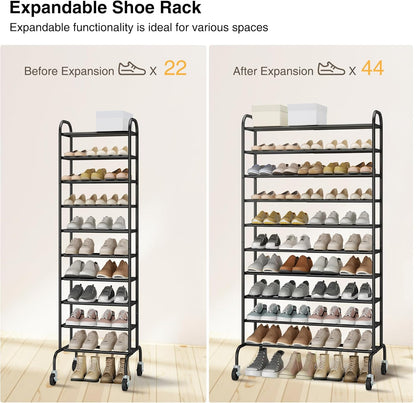STO STO Expandable Shoe Rack, 3-Tier Metal Small Shoe Rack for Closet, Up to 16 Pairs Adjustable Shoes Racks Storage for Front Door Entrance, Free Standing Shoes Rack Organizer for Entryway, Black