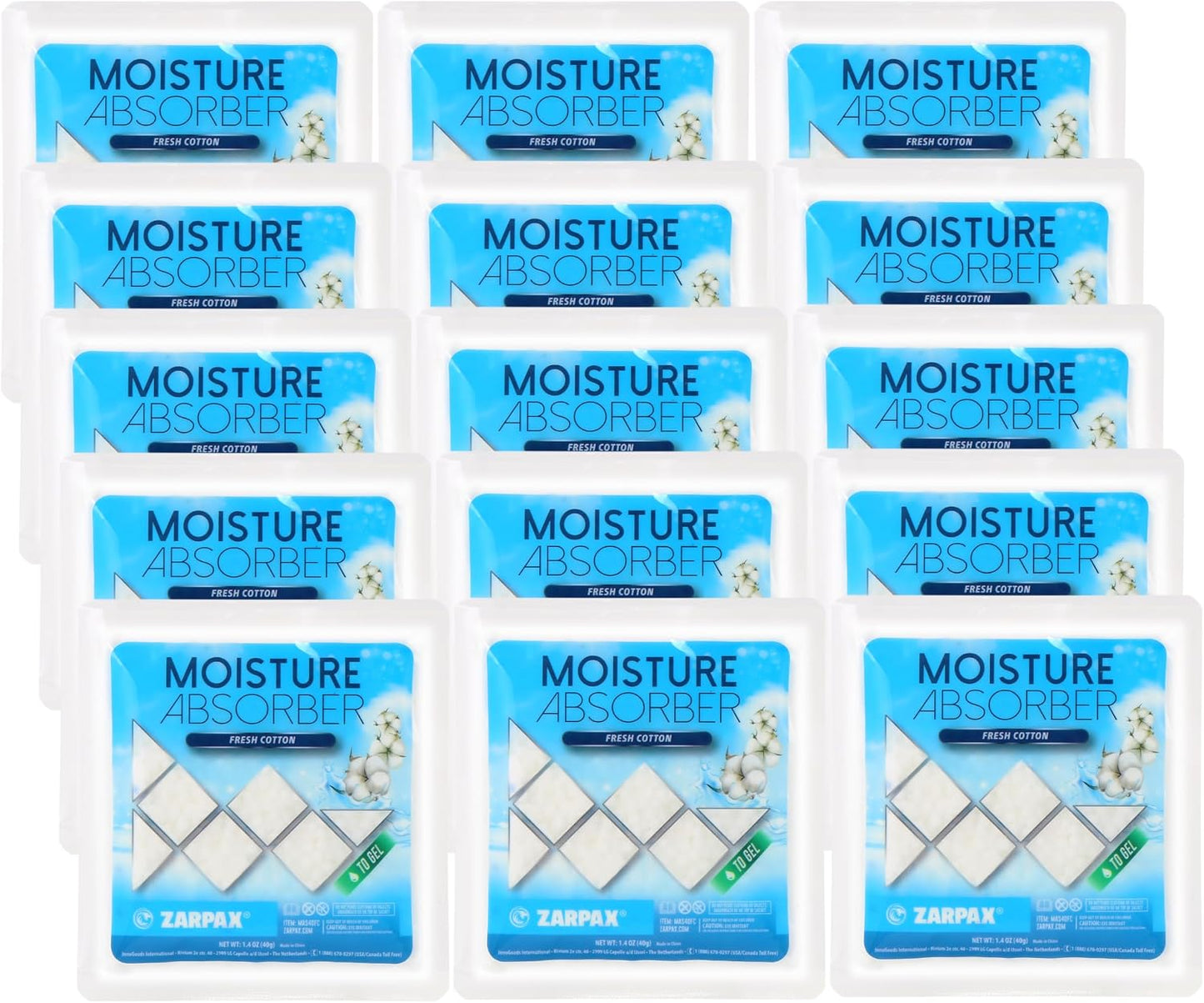 Zarpax Moisture Absorber Sachets Fresh Cotton 1.4 oz/40g - Remove Excess Moisture In Air & Odor - Desiccant Dehumidifier for Closet, Drawer, Safe, Storage - Dampness & Humidity Control - Set of 8