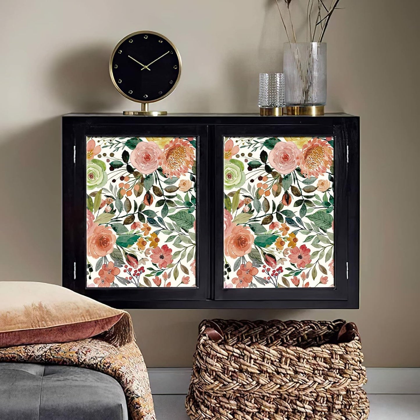 Simon&Siff Floral Peel and Stick Wallpaper, 17.3" x 120" Self Adhesive Wallpaper Boho Flower Kitchen Cabinets Furniture Decorative Renter Friendly Wall Paper