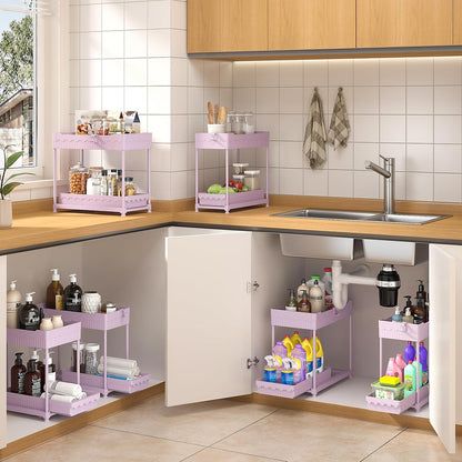 Sevenblue 3-Pack 2-Tier Under Sink Organizers with Sliding Drawers | Multi-use kitchen & bathroom storage, 12.8 inch black cabinet organizer, space-saving sliding drawer design.