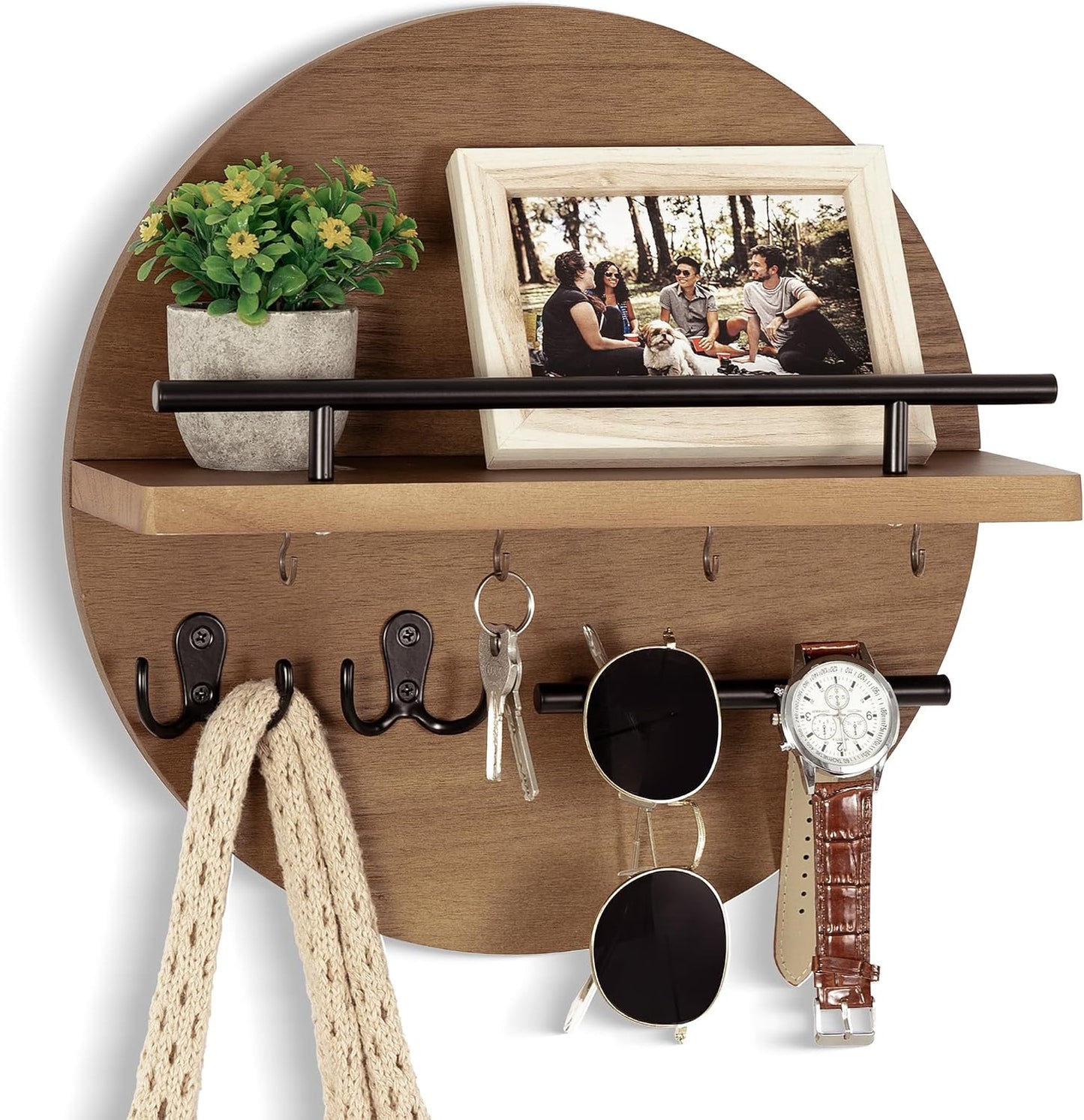 dreampossible Key Holder for Wall Decorative with Shelf and Hooks, Mail Organizer Wall Mount, Circular Design Entryway Key Rack Hanger, Rustic Home Decor (Black)