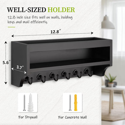 Nekon Key Holder Wall Mount, 12.8" W x 5.6" H x 3.7" D Wall Mounted Key and Mail Organizer with 6 Key Hooks, Key Racks for Home Entryway Decor (White)
