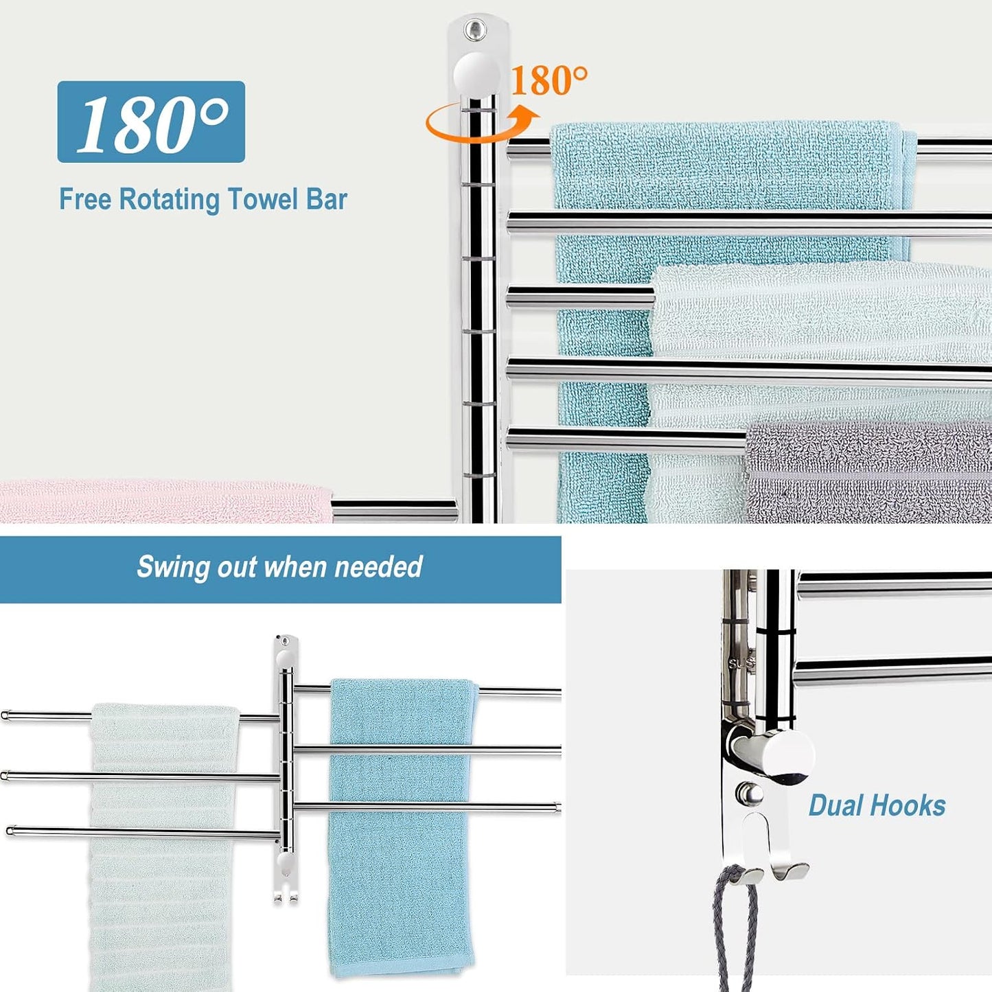5-Arm Swivel Towel Rack - 180° Rotating Wall Mounted, 304 Stainless Steel Rustproof, Heavy Duty Bathroom Accessories, Space Saving Towel Organizer for Bathroom Kitchen Laundry - Pearl White