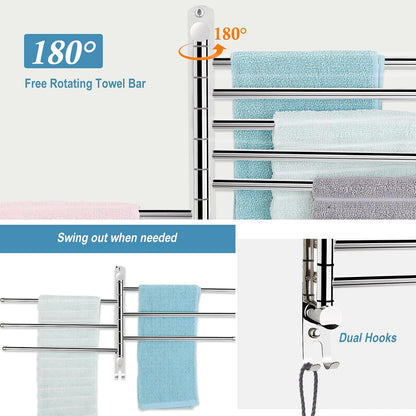 5-Arm Swivel Towel Rack - 180° Rotating Wall Mounted, 304 Stainless Steel Rustproof, Heavy Duty Bathroom Accessories, Space Saving Towel Organizer for Bathroom Kitchen Laundry - Pearl White