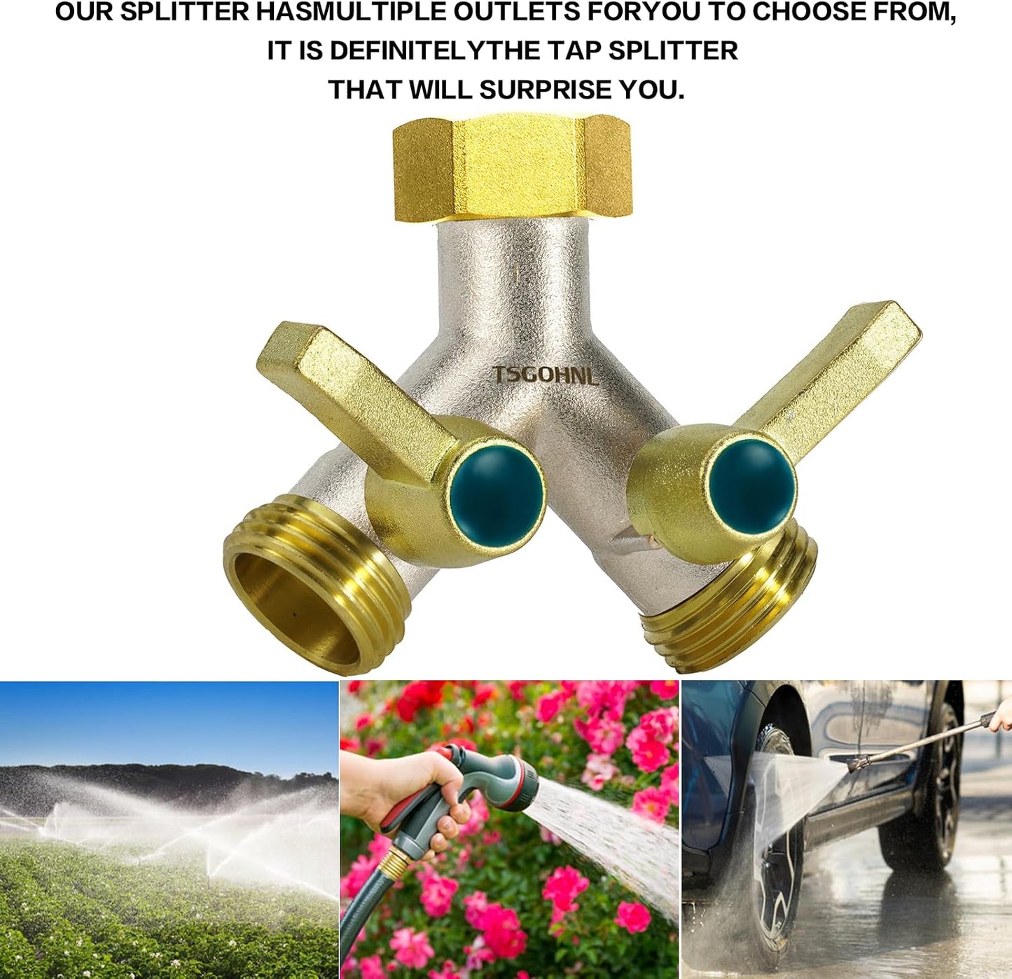 Hose Splitter 2 Way, Y-Valve Water Spigot Splitter, High Flow Faucet Splitter, 3/4" GHT Thickened Hexagonal Water Inlet with 2 Garden Hose Coiled Spring Protectors and 2 More Extension Handles