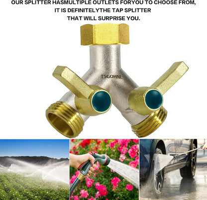 Hose Splitter 2 Way, Y-Valve Water Spigot Splitter, High Flow Faucet Splitter, 3/4" GHT Thickened Hexagonal Water Inlet with 2 Garden Hose Coiled Spring Protectors and 2 More Extension Handles