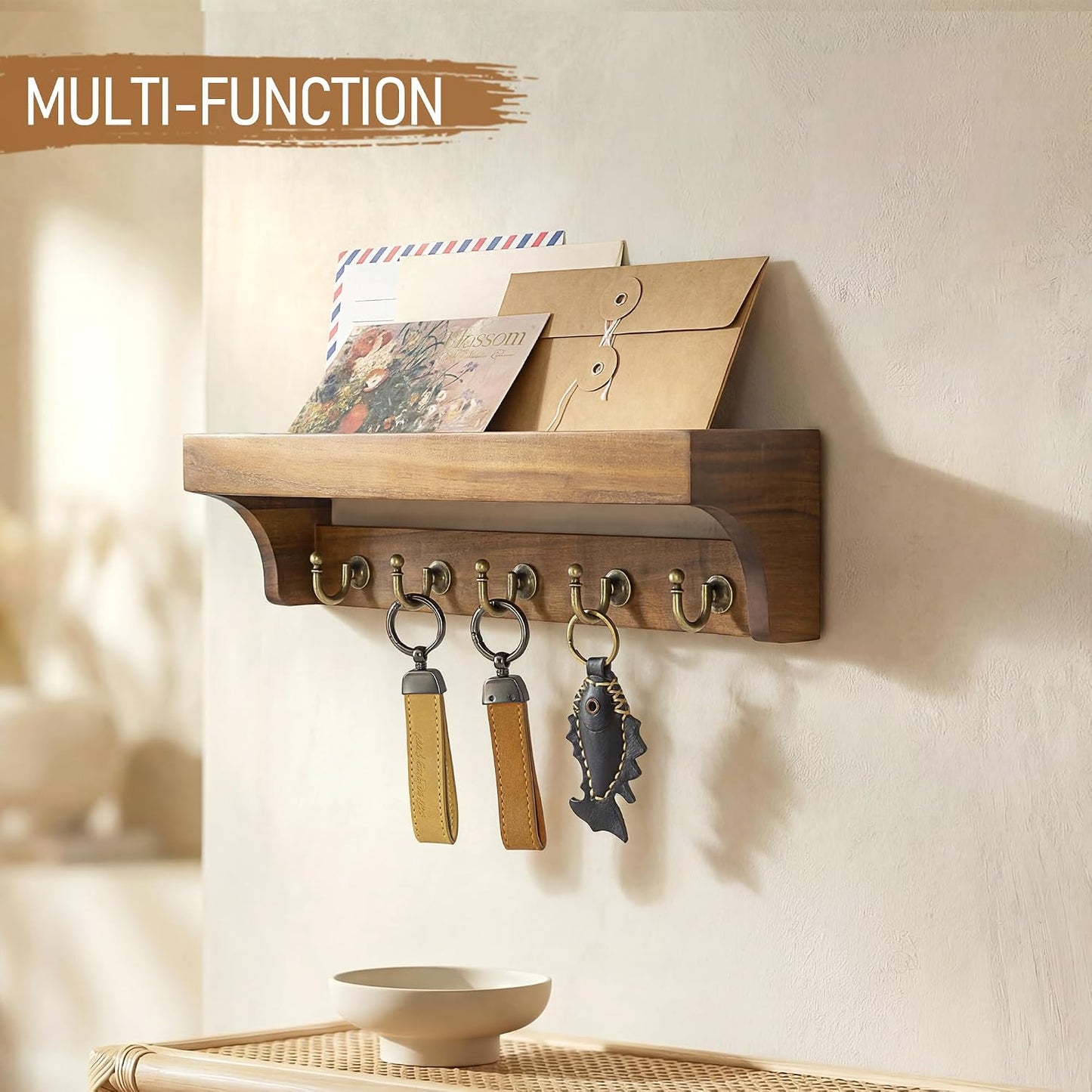 Rebee Vision Farmhouse Key Holder for Wall - Decorative Wooden Mail Organizer with 5 Rustic Key Hooks and Floating Shelf for Home Decor, Hallway, Entryway, Appartment (Retro Brown)