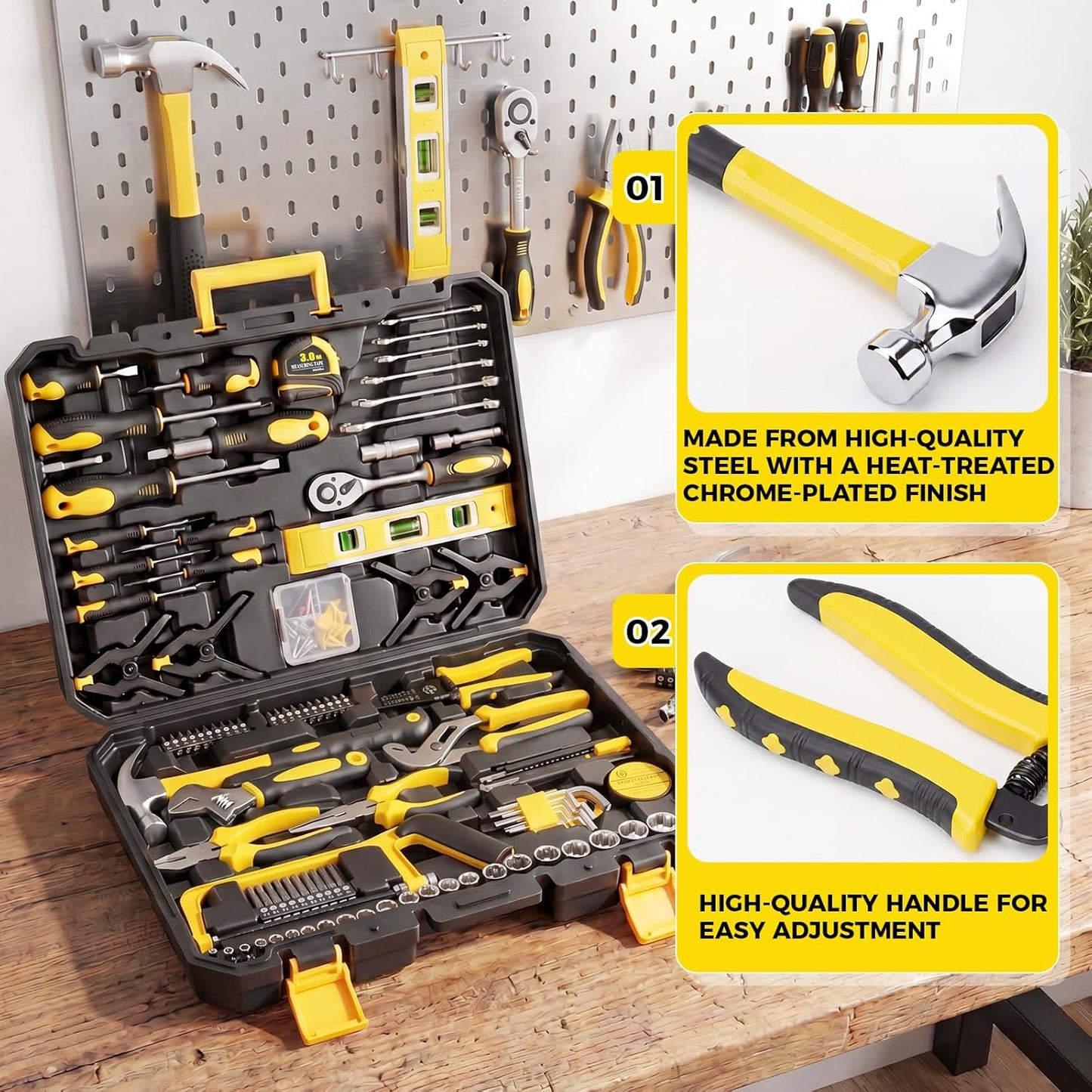 KELIN 155-Piece Household Hand Tool Set with Toolbox, Portable Home Repair Tool Kit for Garage, Car, DIY – Includes Ratcheting Screwdriver, Sockets, Pliers, Hammer, Level, Tape Measure & More