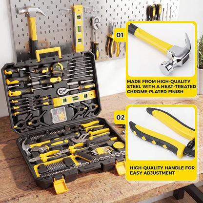 KELIN 155-Piece Household Hand Tool Set with Toolbox, Portable Home Repair Tool Kit for Garage, Car, DIY – Includes Ratcheting Screwdriver, Sockets, Pliers, Hammer, Level, Tape Measure & More
