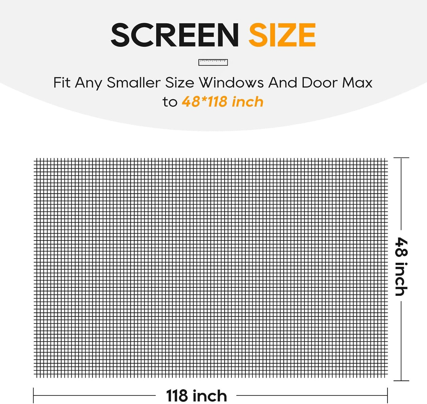 King&Charles Window Screen Door Repair/Replacement Kit, Include Black Screen Mesh 48"x118"+ 2 Roller+50Ft Spline+8Clips+Hook, 6 in 1 Window Mesh Kit, Steel/Nylon Bearing Roller