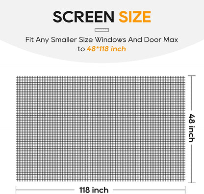 King&Charles Window Screen Door Repair/Replacement Kit, Include Black Screen Mesh 48"x118"+ 2 Roller+50Ft Spline+8Clips+Hook, 6 in 1 Window Mesh Kit, Steel/Nylon Bearing Roller