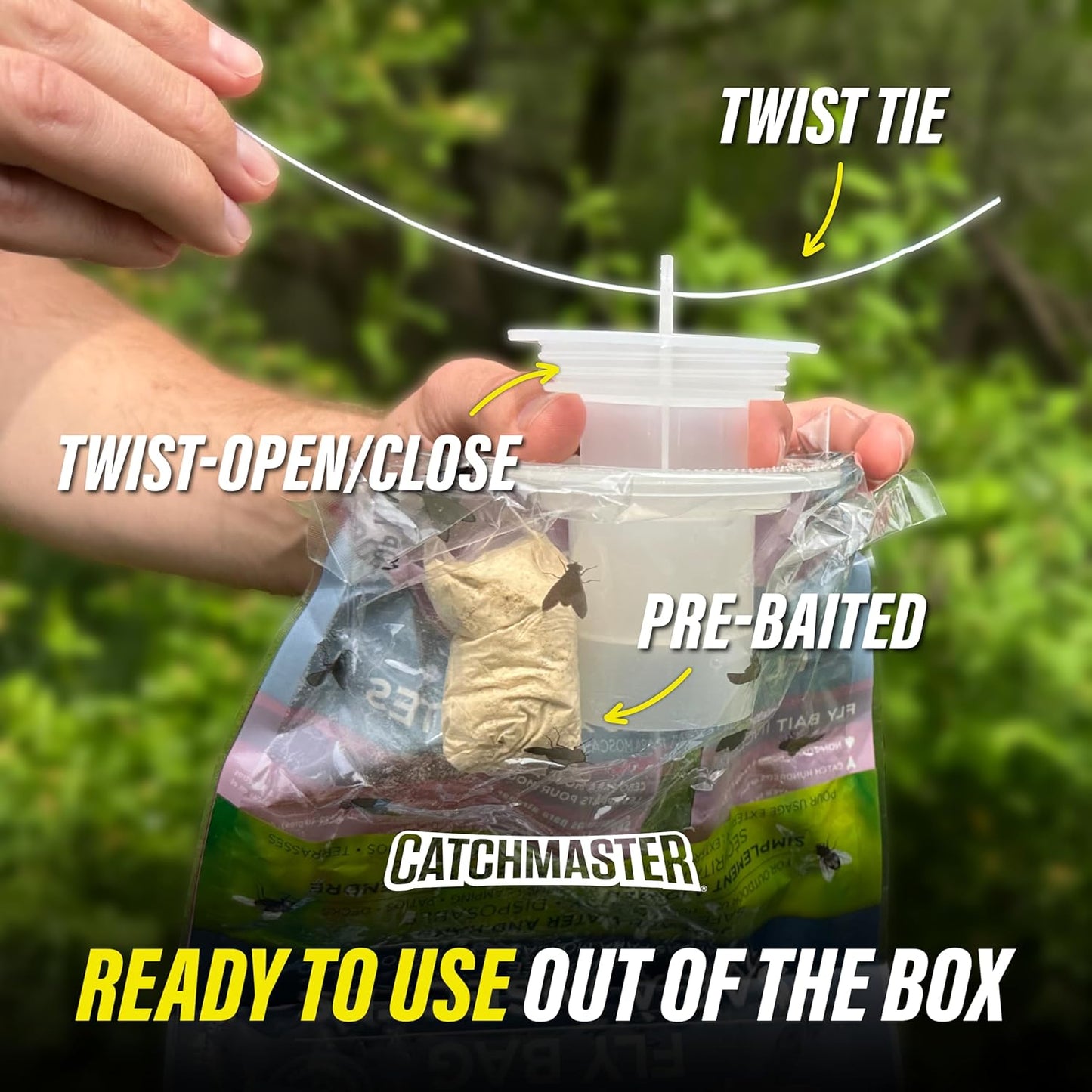 Catchmaster Reusable Outdoor Fly Trap, 2 Hanging Blue Jars with Bait | Catches All Species of Fly, Fly Traps Outdoor w/ Food-based lure, Odor Attracts Flies Away From People, Refill & Reuse